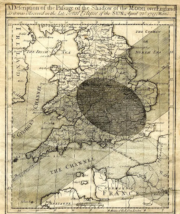 Old engraved map of England and Wales. A broad band runs from the south-west to the North Sea, with a dark oval of shadow over southern England.