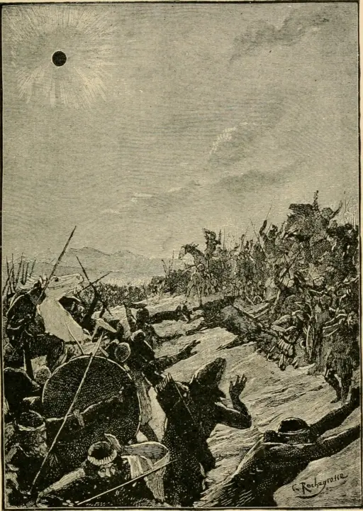 Engraving: soldiers in the middle of a battle stop and look up at a black sun with a glow around it.